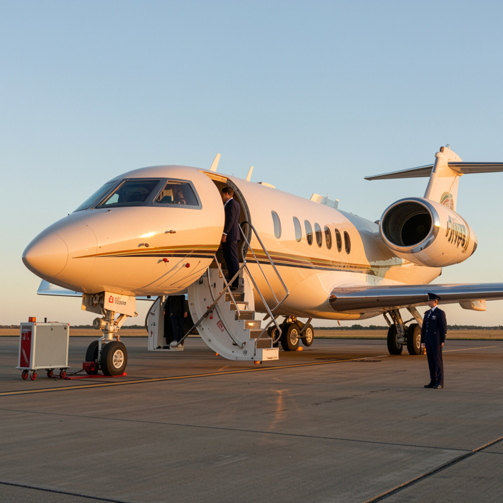 Private jet on the tarmac at golden hour