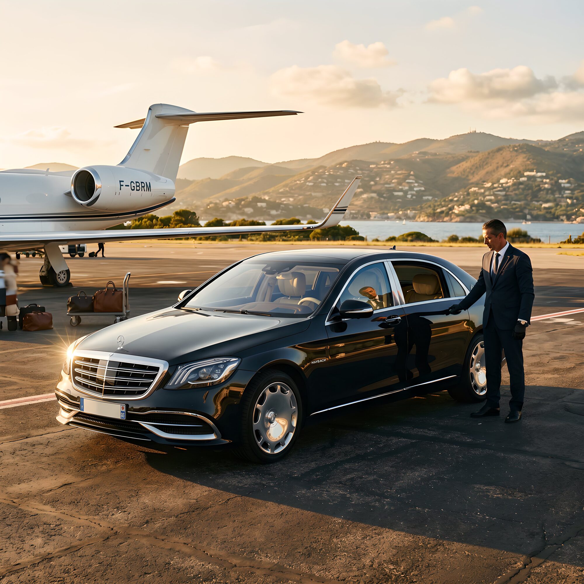 Chauffeured car meeting a private jet on the tarmac