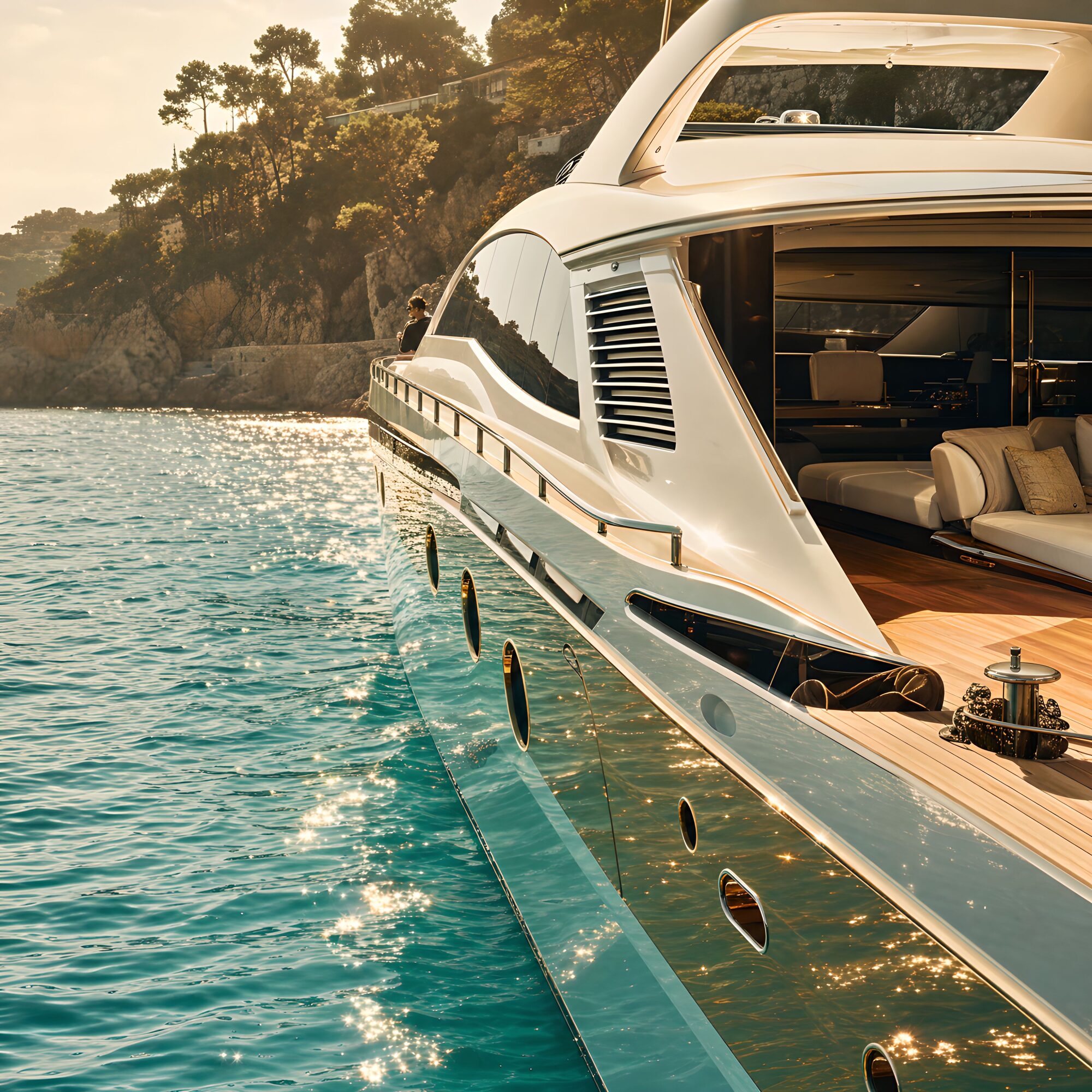 Superyacht bow at golden hour along the Mediterranean coast